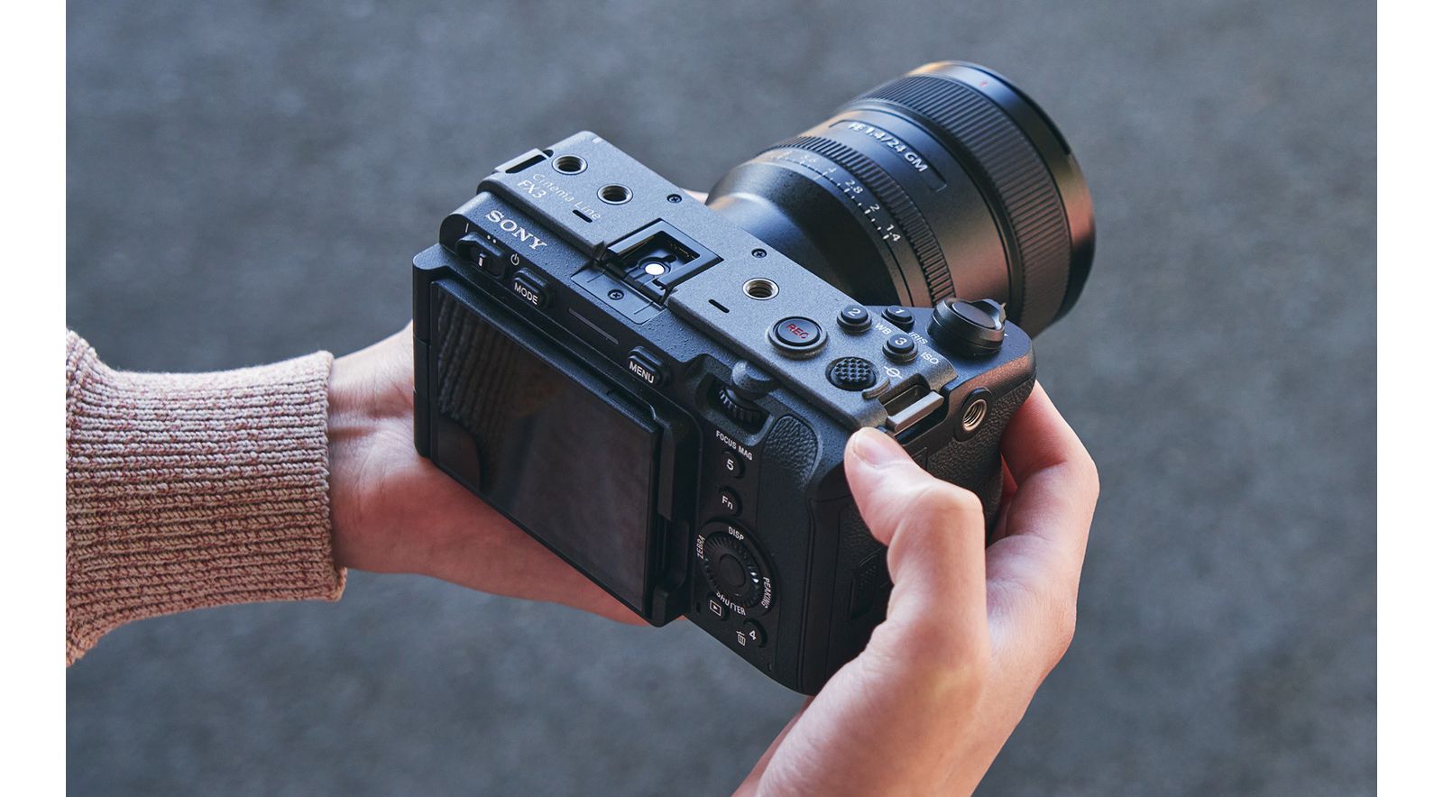 Official Sony image of the FX3 being held for handheld operation