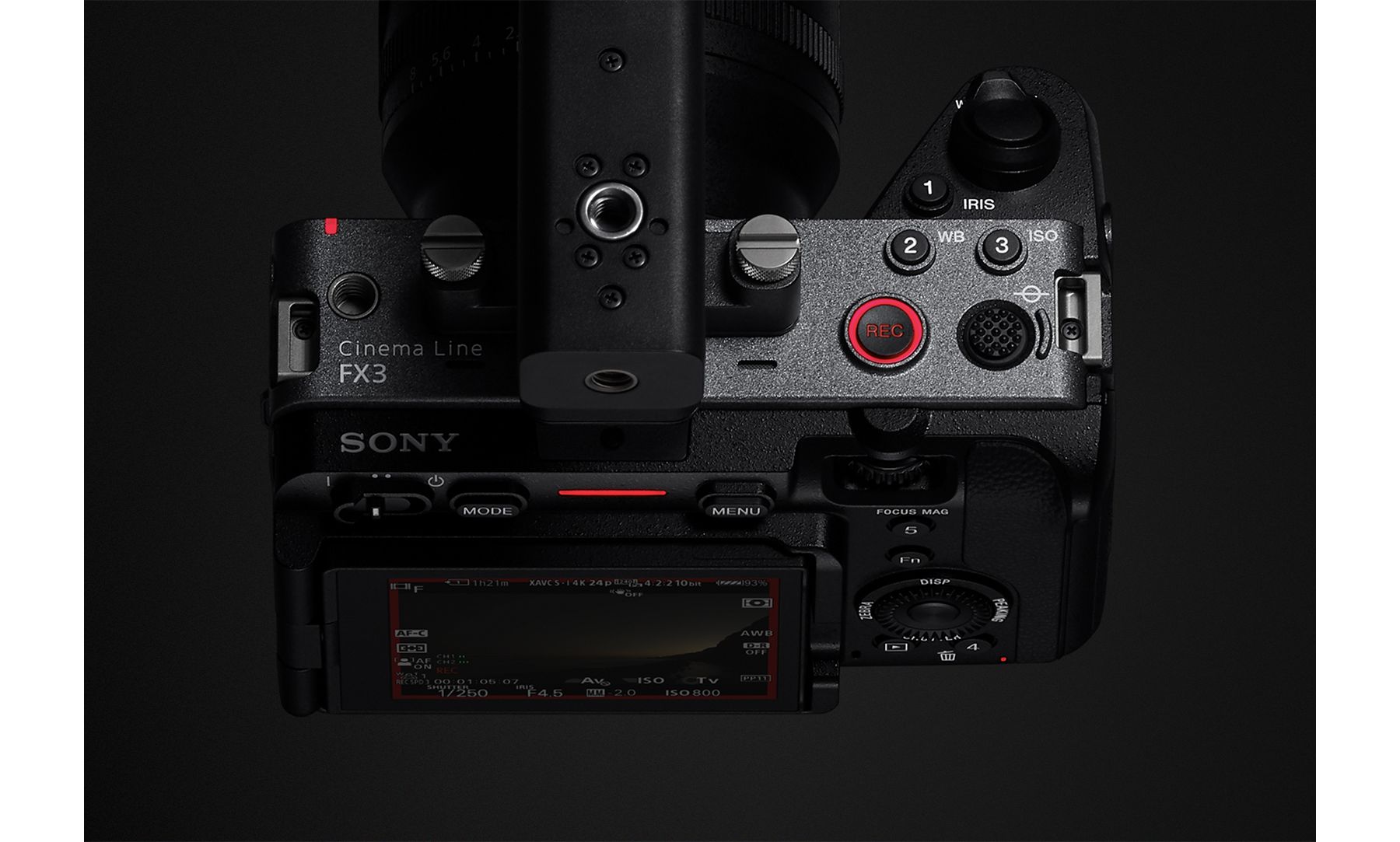 Sony FX3 Cinema Line camera, seen from above with its recording light illuminated