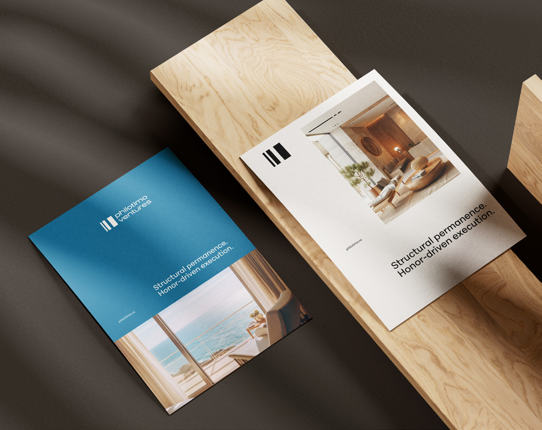 Philotimo Ventures — Editorial applications brand mockup