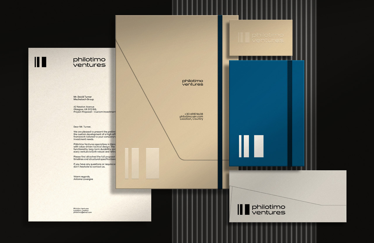 Philotimo Ventures — Stationery system brand mockup